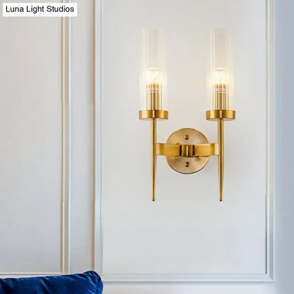 Postmodern gold ribbed glass wall sconce stairway light