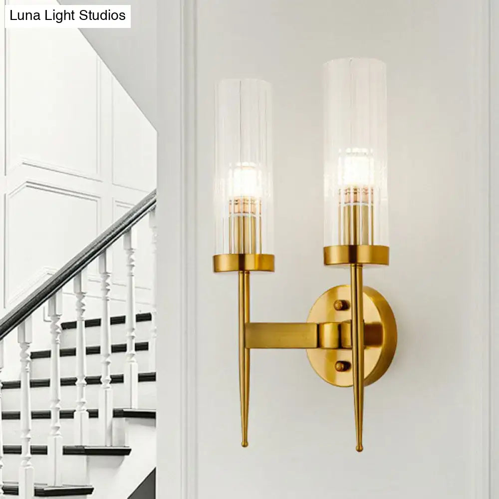 Postmodern gold ribbed glass wall sconce stairway light