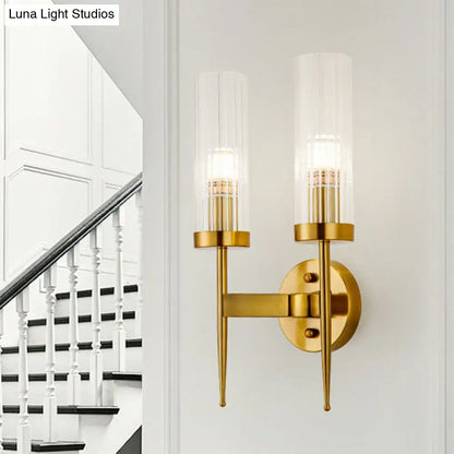 Postmodern gold ribbed glass wall sconce stairway light