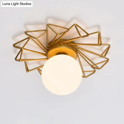 Postmodern gold sunburst ceiling light with cream glass shade bedroom
