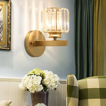 Postmodern gold wall lamp with prismatic crystal shade bedroom sconce