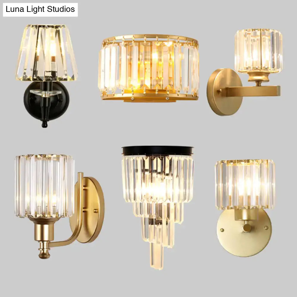 Postmodern gold wall lamp with prismatic crystal shade bedroom sconce