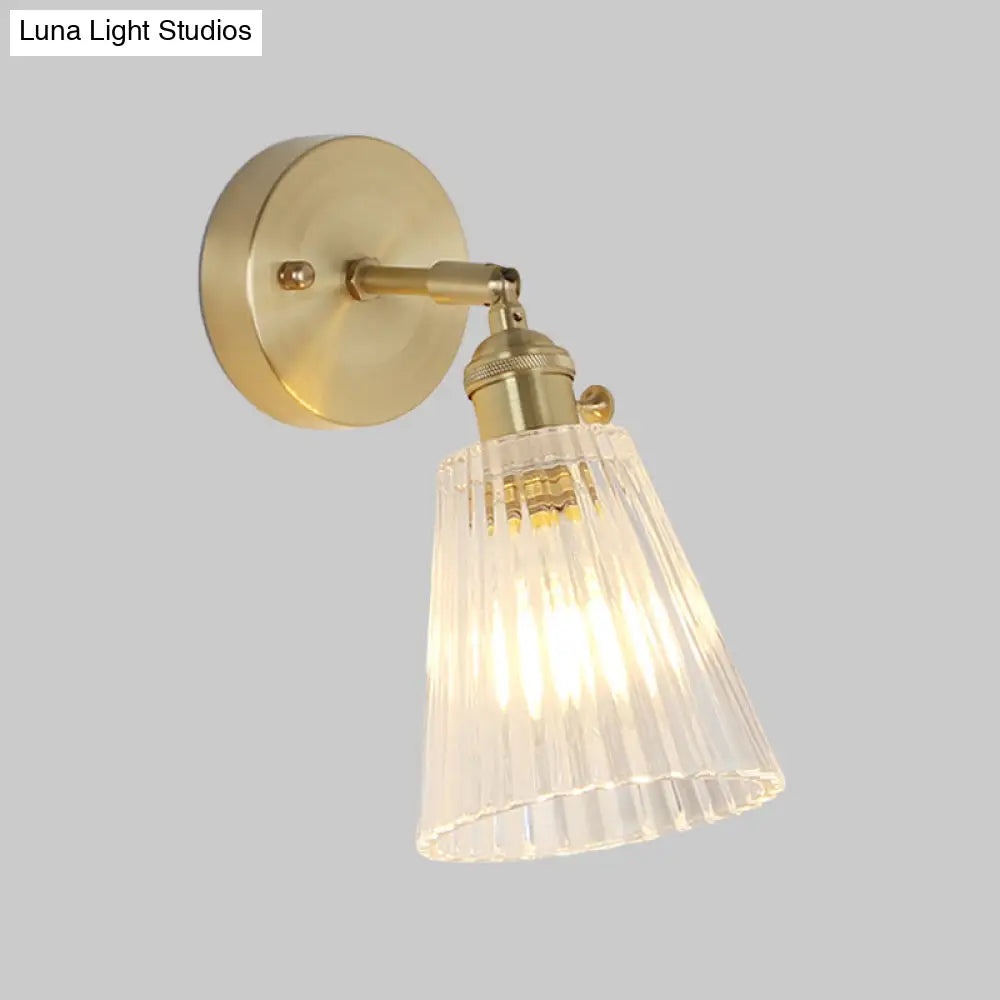 DecorBites™ Postmodern Gold Wall Light with Clear Ribbed Glass - Conical Design, Rotating Feature, 1 Light Kit