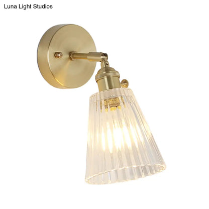 DecorBites™ Postmodern Gold Wall Light with Clear Ribbed Glass - Conical Design, Rotating Feature, 1 Light Kit