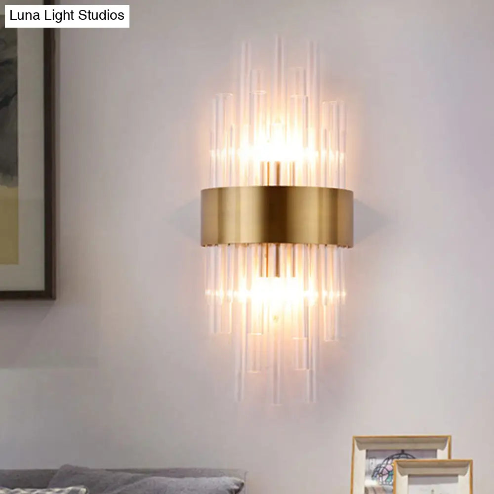 DecorBites™ Postmodern Gold Wall Sconce with Fluted Crystal Shade - 2 Head Bedroom Mount Light