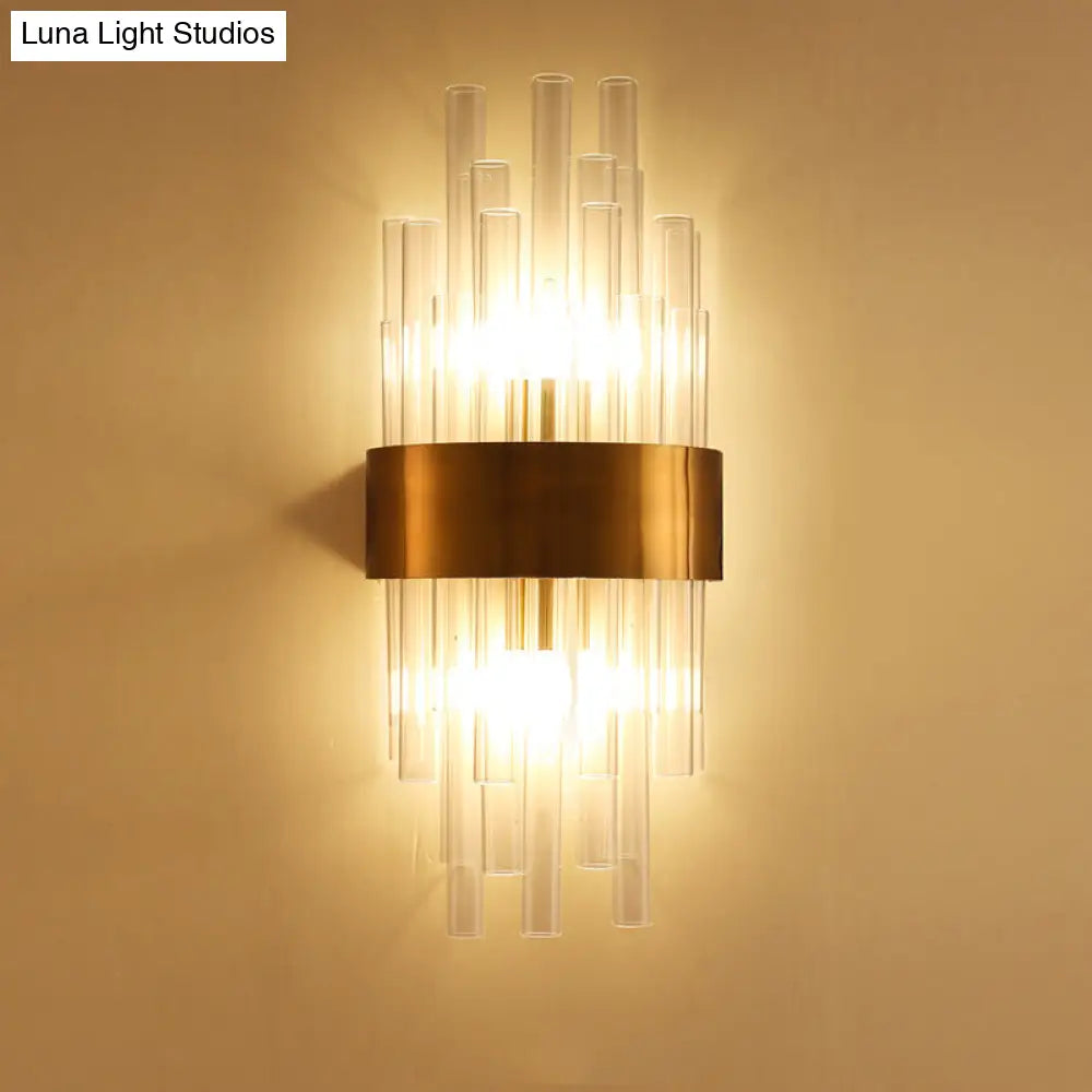 DecorBites™ Postmodern Gold Wall Sconce with Fluted Crystal Shade - 2 Head Bedroom Mount Light