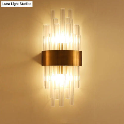 DecorBites™ Postmodern Gold Wall Sconce with Fluted Crystal Shade - 2 Head Bedroom Mount Light