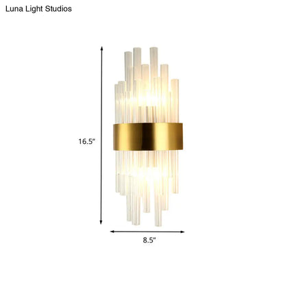 DecorBites™ Postmodern Gold Wall Sconce with Fluted Crystal Shade - 2 Head Bedroom Mount Light