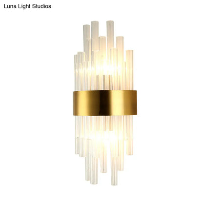 DecorBites™ Postmodern Gold Wall Sconce with Fluted Crystal Shade - 2 Head Bedroom Mount Light