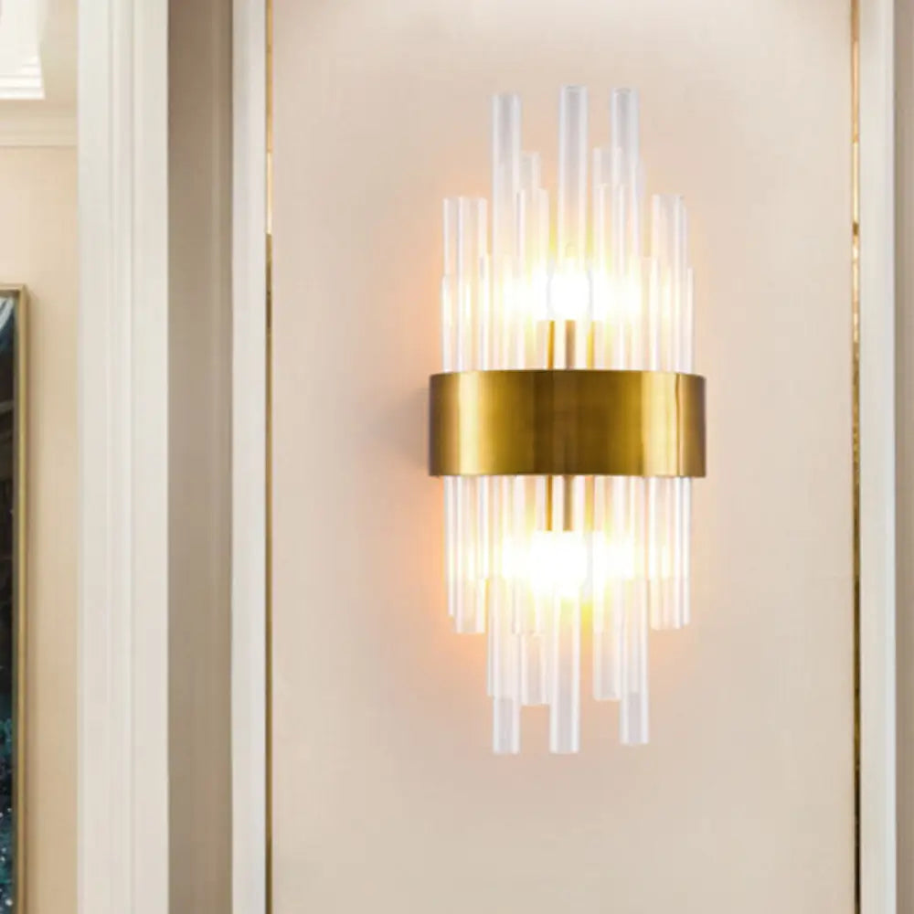 DecorBites™ Postmodern Gold Wall Sconce with Fluted Crystal Shade - 2 Head Bedroom Mount Light