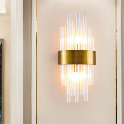 DecorBites™ Postmodern Gold Wall Sconce with Fluted Crystal Shade - 2 Head Bedroom Mount Light