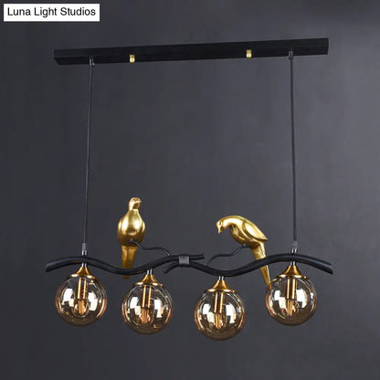 DecorBites™ Postmodern Iron Pendant Light with 4-Lights, Black/Gold Finish, Amber Ball Glass Shade, Bird Deco - Sprig Island