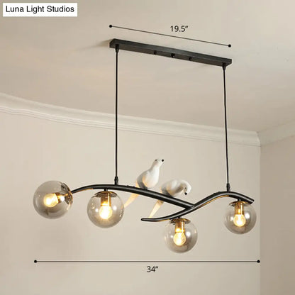 DecorBites™ Postmodern Island Lamp Tree Branch Hanging Light with Glass Shades and Bird Deco – 4-Bulb Design