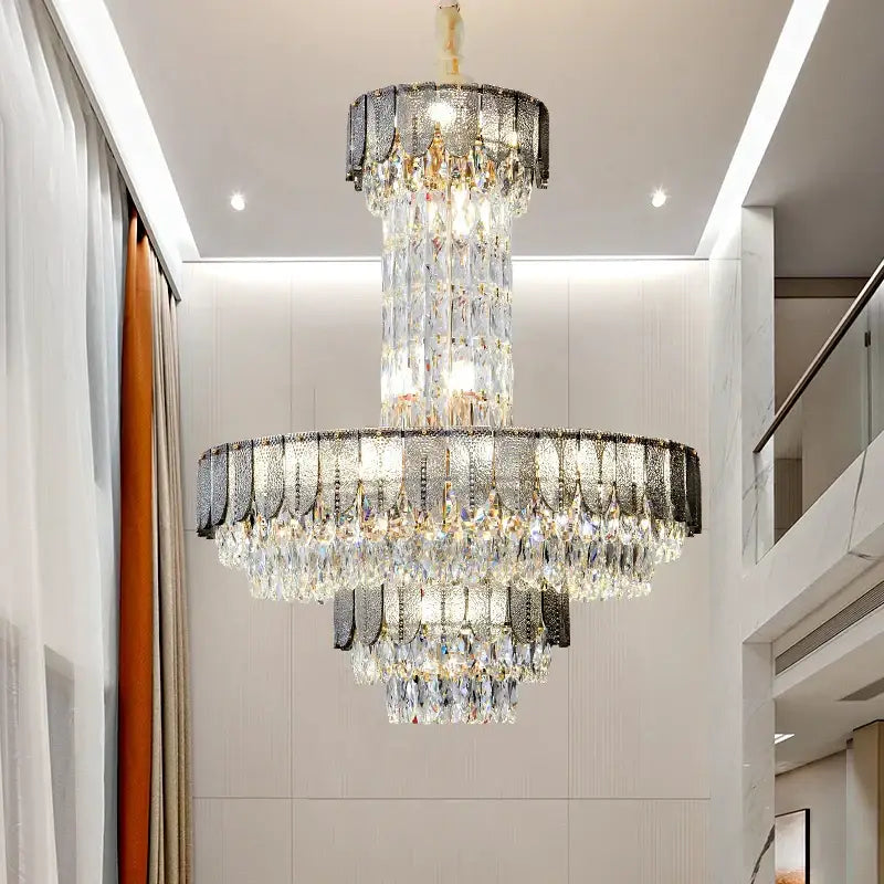 Postmodern multi-layer black crystal chandelier living room light