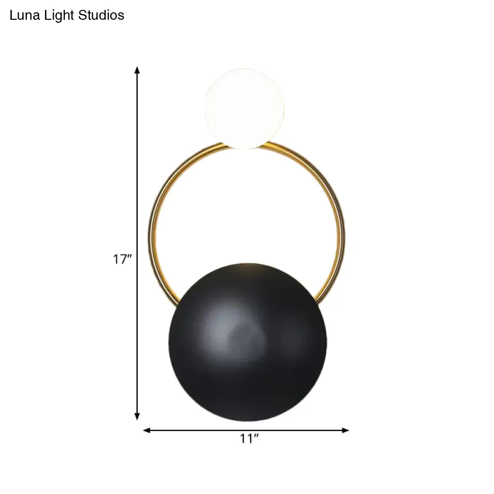 DecorBites™ Postmodern Orbital Flush Mount Iron 2-Light Wall Sconce in Black-Gold with Orb Opal Glass Shade