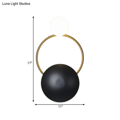 DecorBites™ Postmodern Orbital Flush Mount Iron 2-Light Wall Sconce in Black-Gold with Orb Opal Glass Shade