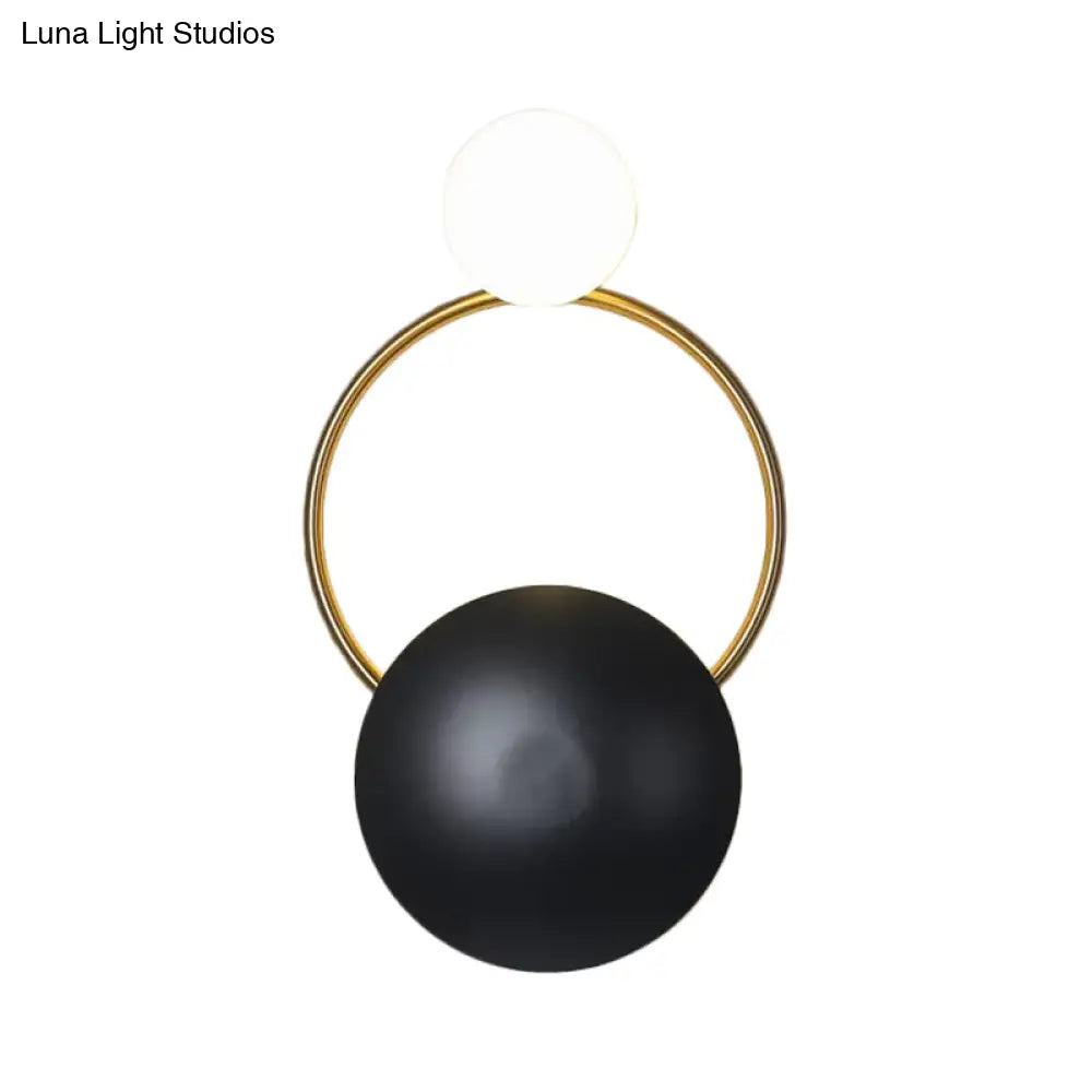 DecorBites™ Postmodern Orbital Flush Mount Iron 2-Light Wall Sconce in Black-Gold with Orb Opal Glass Shade