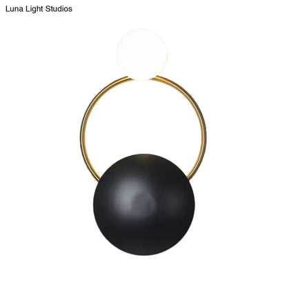 DecorBites™ Postmodern Orbital Flush Mount Iron 2-Light Wall Sconce in Black-Gold with Orb Opal Glass Shade