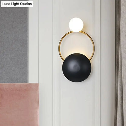 DecorBites™ Postmodern Orbital Flush Mount Iron 2-Light Wall Sconce in Black-Gold with Orb Opal Glass Shade