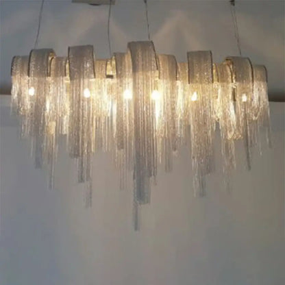 DecorBites™ Postmodern Silver Lobby Chandelier: Arch Aluminum Chain, 12-Bulb Suspension Light