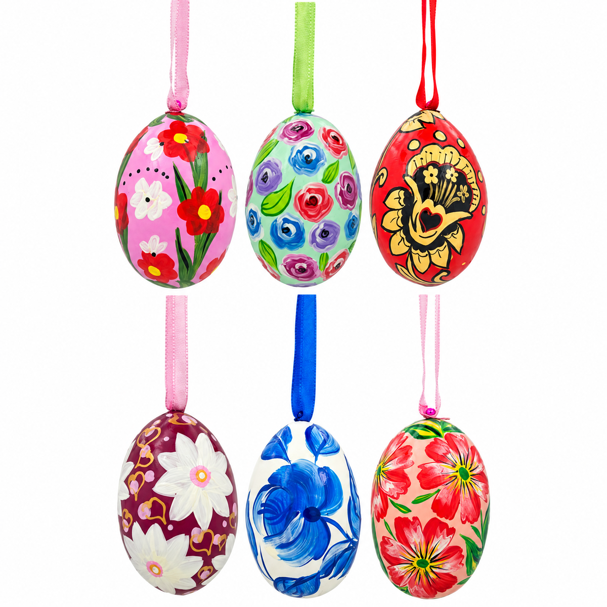 Set of 6 Pink, Green, Red Flower Wooden Floral Egg Christmas Ornaments 3 Inches