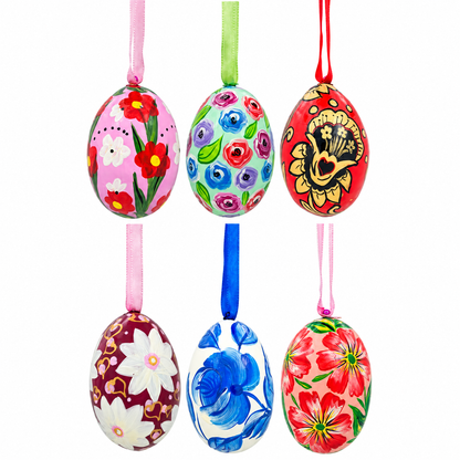 Set of 6 Pink, Green, Red Flower Wooden Floral Egg Christmas Ornaments 3 Inches