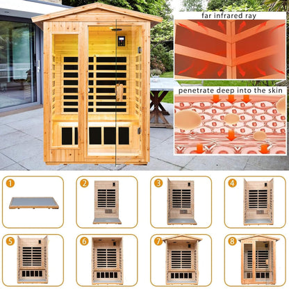 Thermora Premium 2-Person Indoor Outdoor Low EMF FAR-Infrared Hemlock Wood Personal Home Sauna Spa, 1750W (SAK27451)