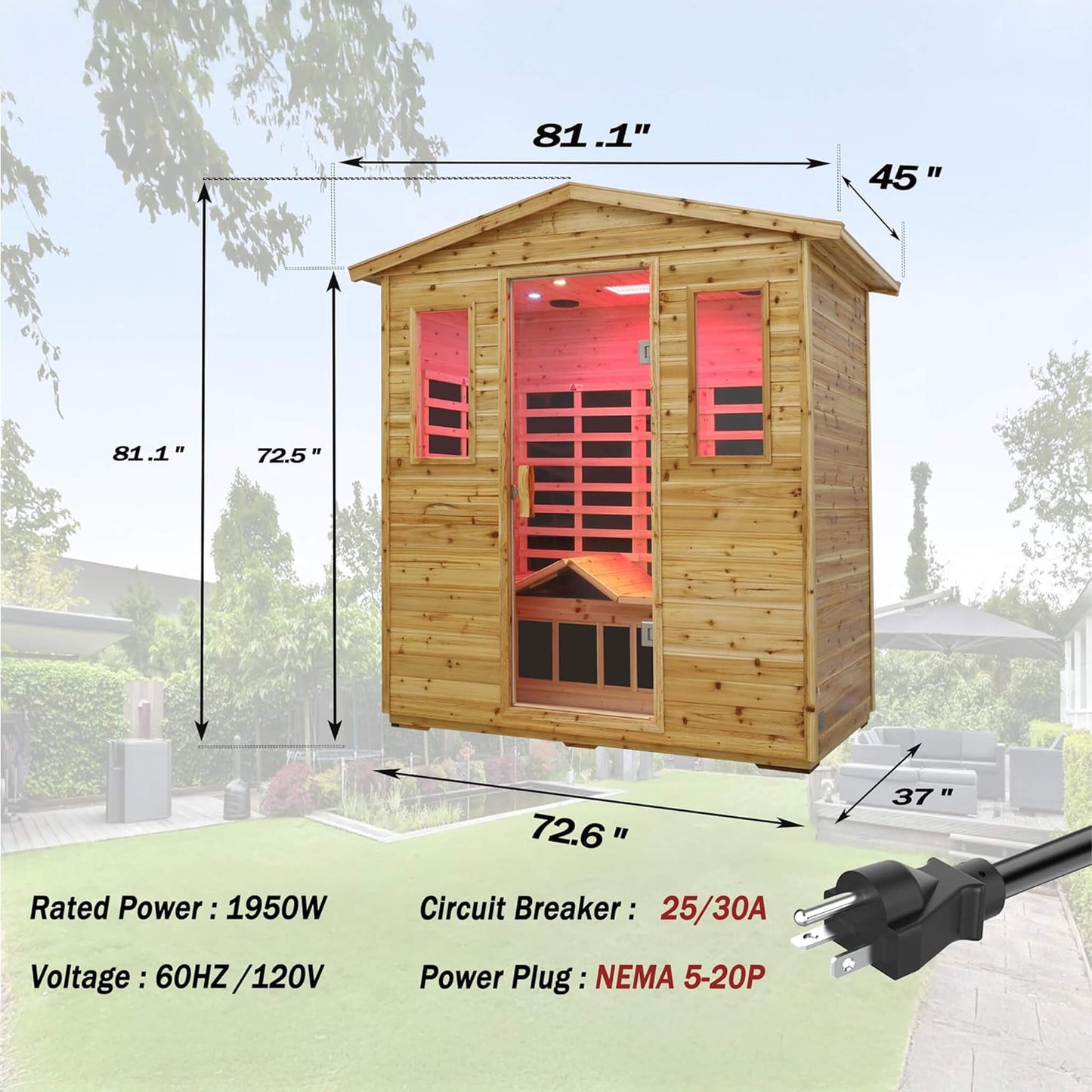 Thermora Deluxe 3-Person Outdoor Full Spectrum Low EMF Infrared Home Sauna With Bluetooth Speakers And LED Reading Light (SAK14098)