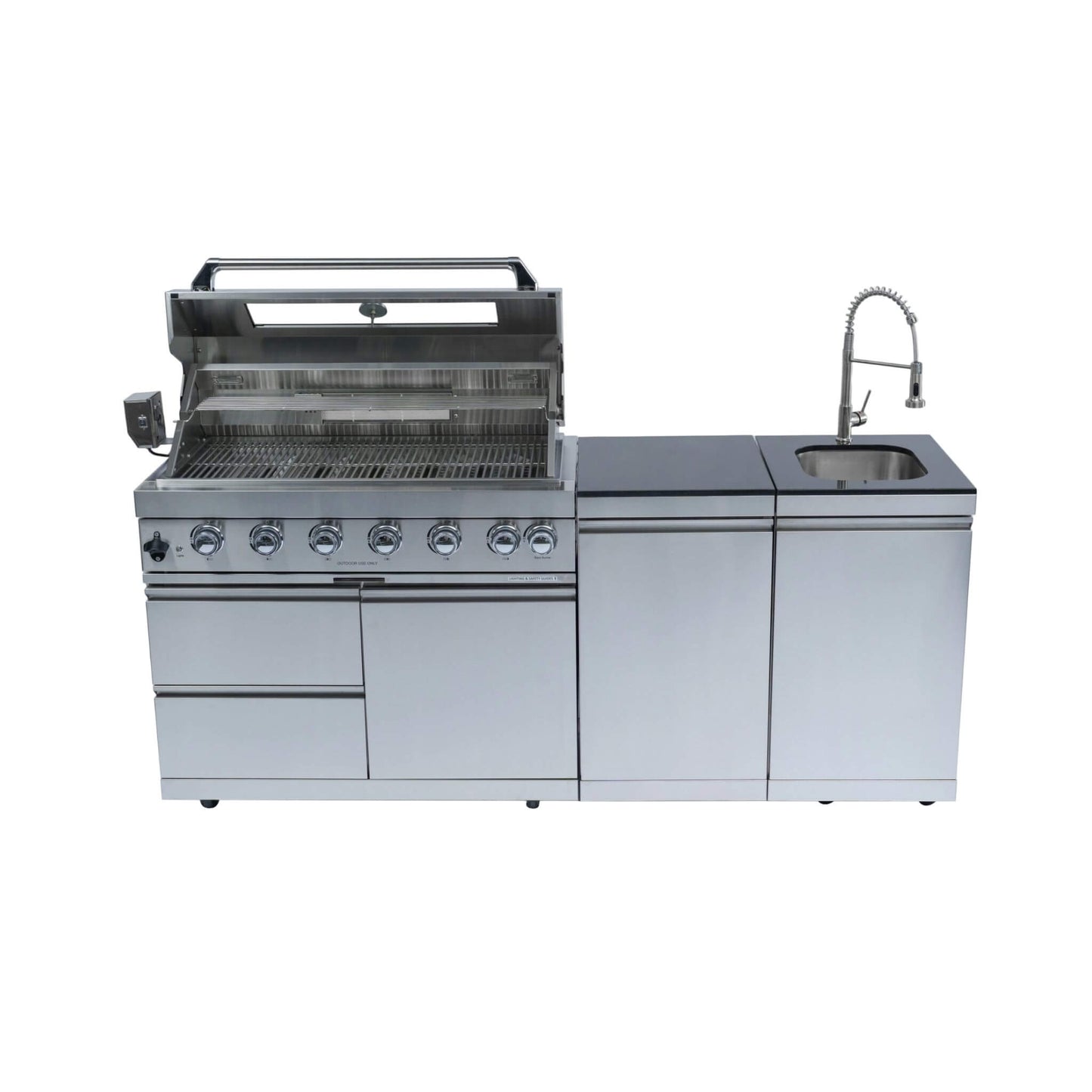 Castelle Flame Outdoor BBQ Kitchen Island With 43-Inch 6-Burner 85K BTU Propane Gas Grill, Rotisserie Kit, And Storage Cabinets (SAK95623)