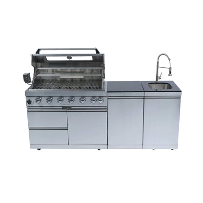 Castelle Flame Outdoor BBQ Kitchen Island With 43-Inch 6-Burner 85K BTU Propane Gas Grill, Rotisserie Kit, And Storage Cabinets (SAK95623)