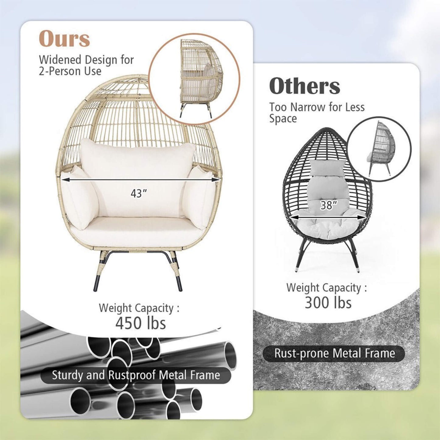 Premium Oversized Rattan Patio Egg Lounge Chair Basket With Cushions, 57" (SAK91684)