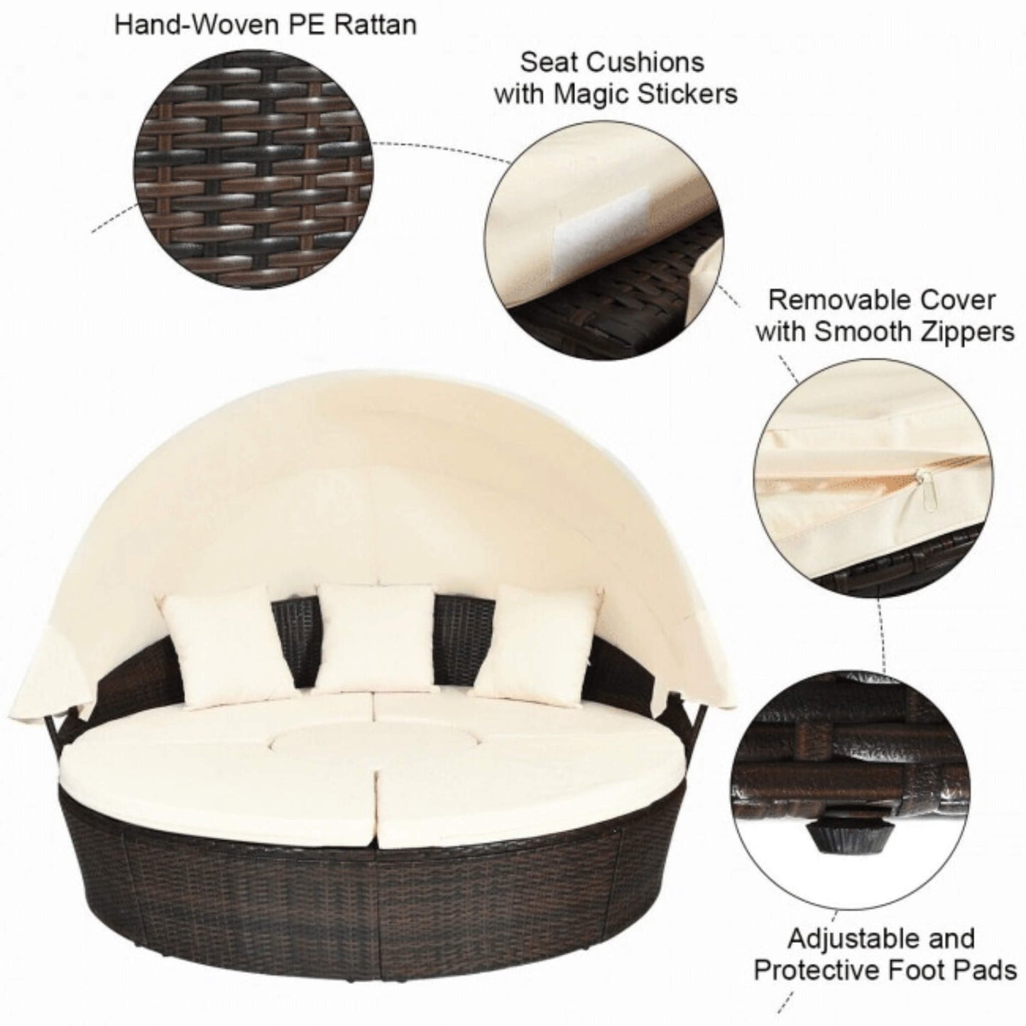 Premium Round Outdoor Patio Rattan Daybed W/ Canopy & Table, 76" (SAK96418)