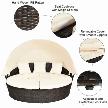 Premium Round Outdoor Patio Rattan Daybed W/ Canopy & Table, 76" (SAK96418)