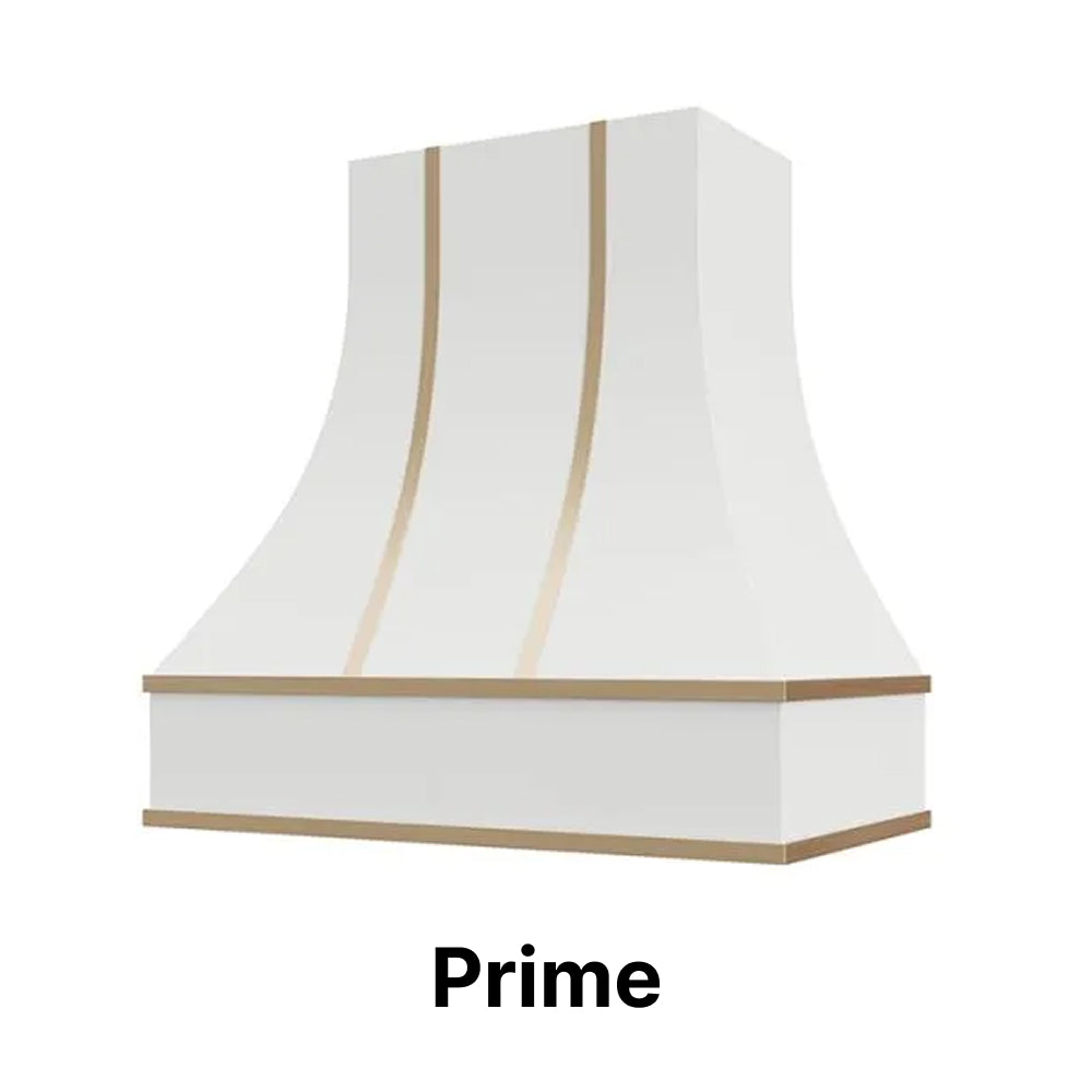 Wood Range Hood With Curved Front and Brass Strapping and Flat Trim - 30" 36" 42" 48" 54" and 60" Widths Available