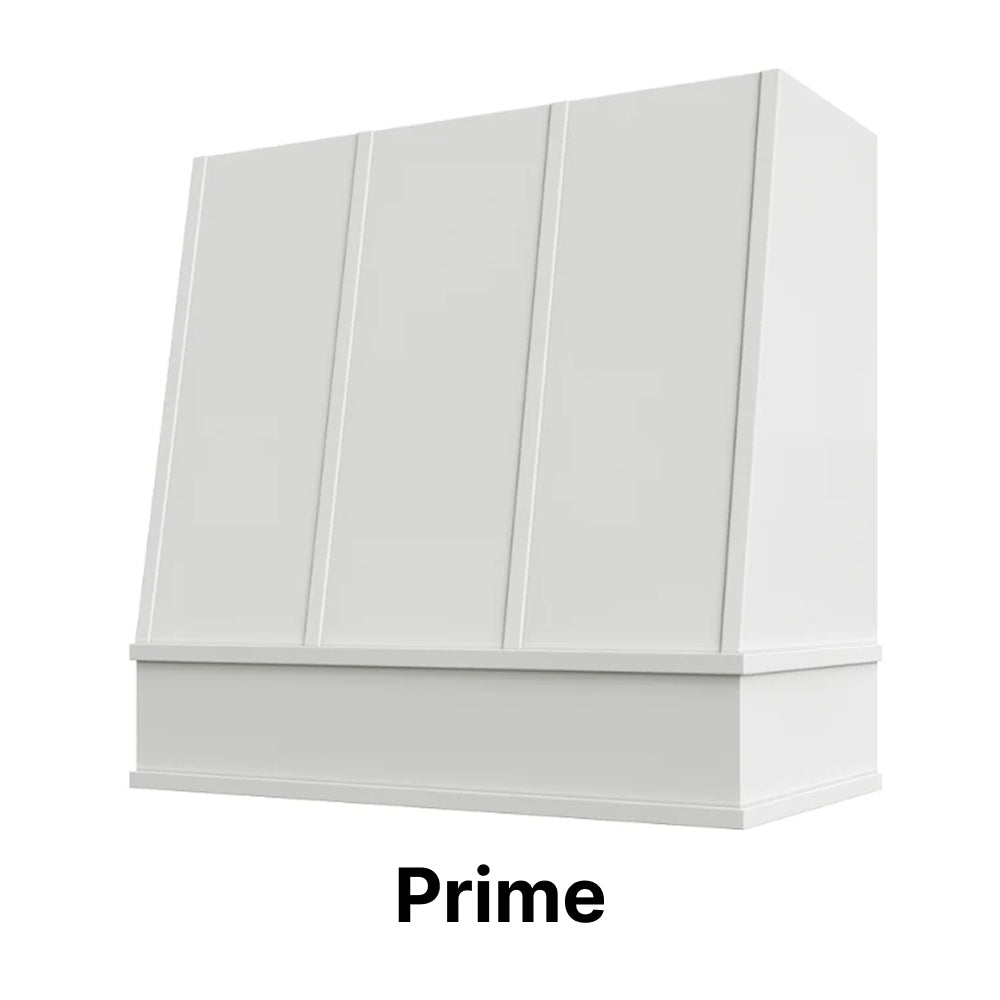 Wood Range Hood With Angled Strapped Front and Block Trim - 30", 36", 42", 48", 54" and 60" Widths Available