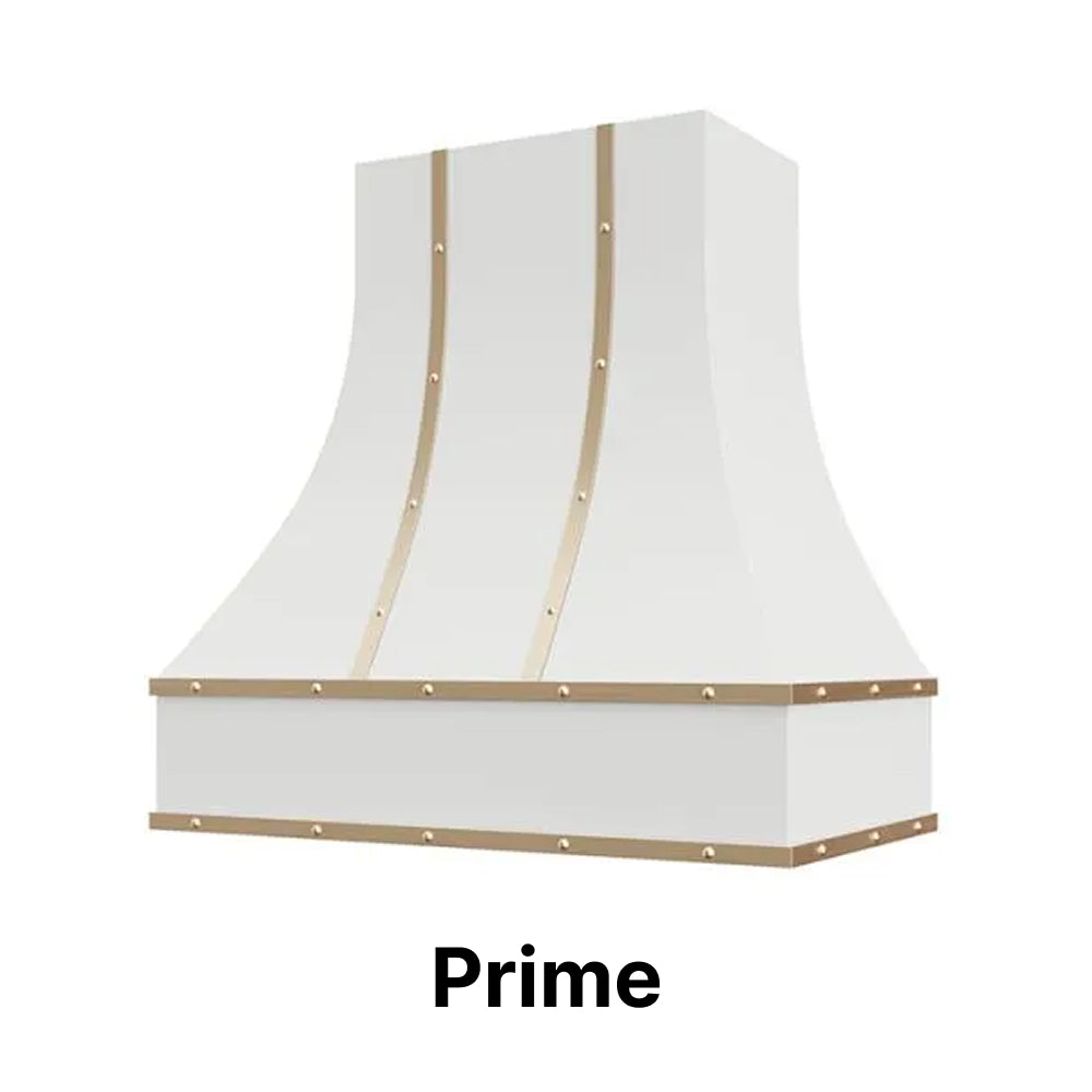Wood Range Hood With Curved Front, Brass Strapping and Buttons - 30", 36", 42", 48", 54" and 60" Widths Available