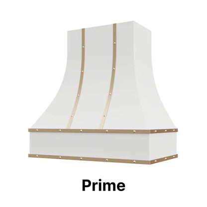 Wood Range Hood With Curved Front, Brass Strapping and Buttons - 30", 36", 42", 48", 54" and 60" Widths Available