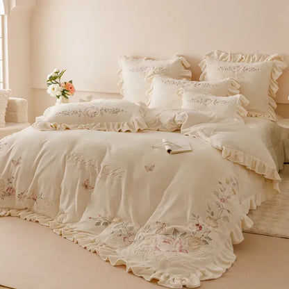 Princess cream flowers embroidery ruffles bedding set bedroom decor