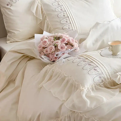 Princess wedding flowers embroidery cream bedding set bedroom