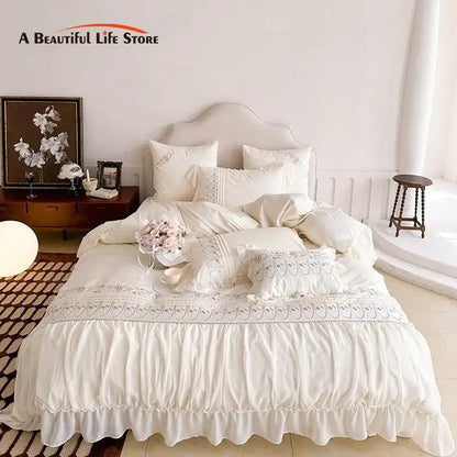 Princess wedding flowers embroidery cream bedding set bedroom