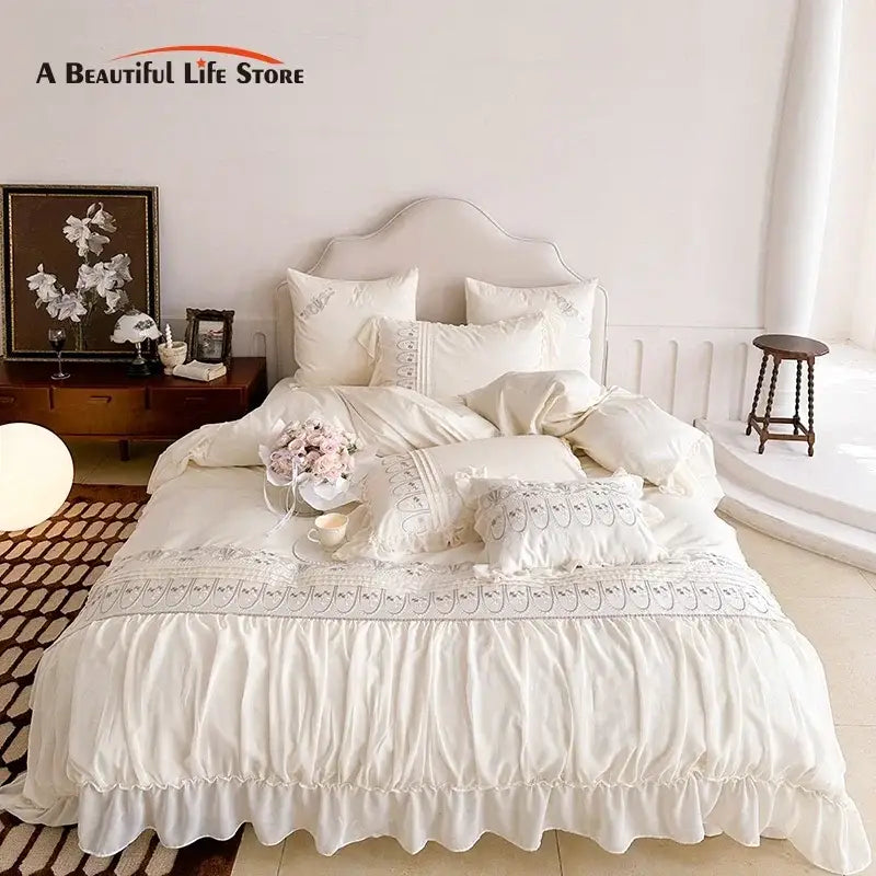 Princess wedding flowers embroidery cream bedding set bedroom