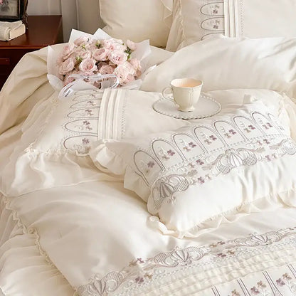 Princess wedding flowers embroidery cream bedding set bedroom