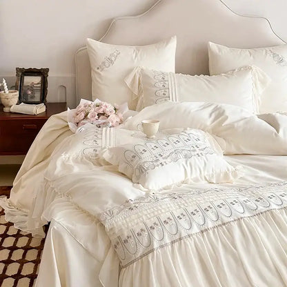 Princess wedding flowers embroidery cream bedding set bedroom