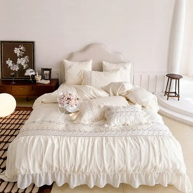 Princess wedding flowers embroidery cream bedding set bedroom