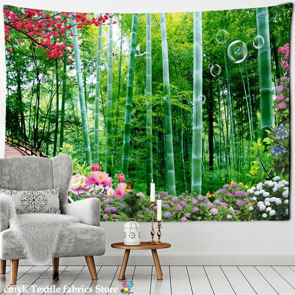 Psychedelic bamboo forest pigeon path tapestry bedroom wall decor