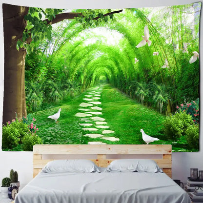 Psychedelic bamboo forest pigeon path tapestry bedroom wall decor