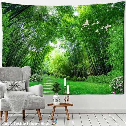 Psychedelic bamboo forest pigeon path tapestry bedroom wall decor