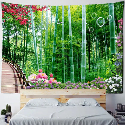 Psychedelic bamboo forest pigeon path tapestry bedroom wall decor