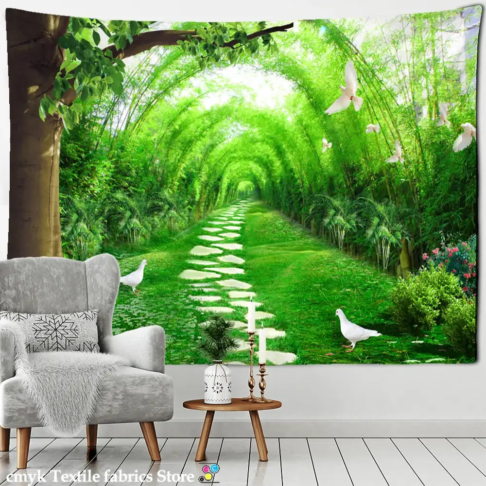 Psychedelic bamboo forest pigeon path tapestry bedroom wall decor