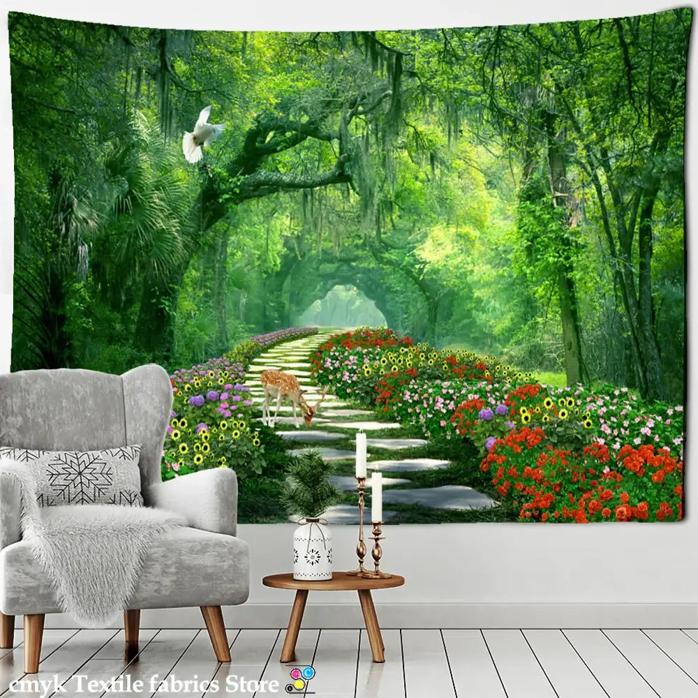 Psychedelic bamboo forest pigeon path tapestry bedroom wall decor